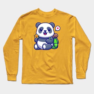 Cute Panda Holding Flower With Backpack Cartoon Long Sleeve T-Shirt